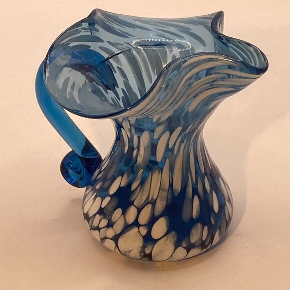 Rainbow Small Mini Pitcher Splatter Vase Blue White Hand Blown Hand Painted - Picture 7 of 13